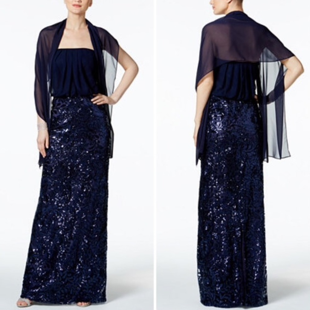 NWT Navy Chiffon Sequin Strapless Formal Long Gown